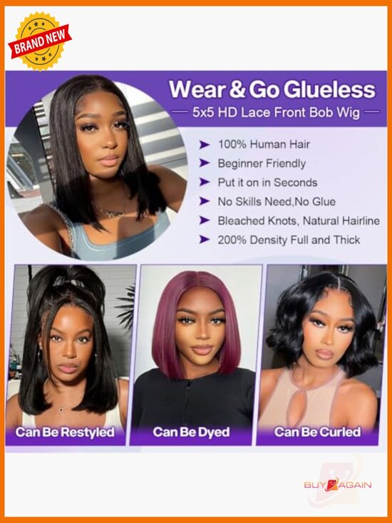 Glueless Bob Wig Human Hair 200% Density 5x5 HD Lace Closure main image 4